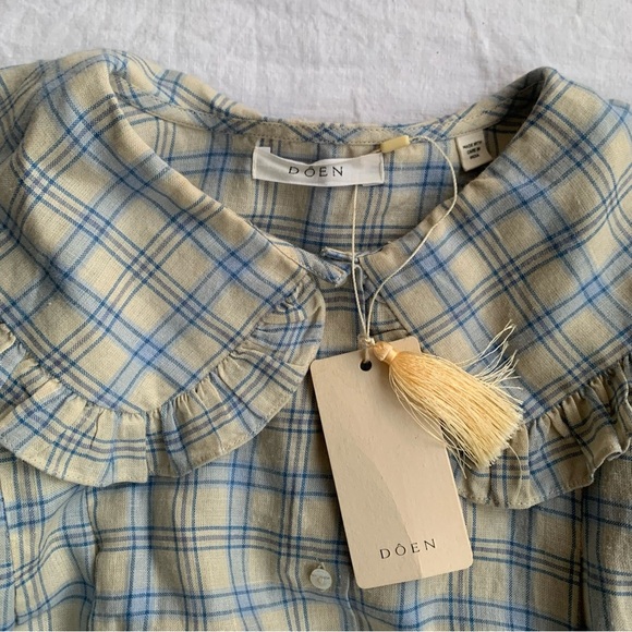 NWT Doen Sparrow Ramie Ruffle Collar Button Crop Top Meadowlark Plaid Blue - Picture 7 of 12